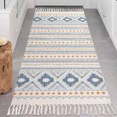 Runner Area Rug 60x130 cm Blue Cotton Area Rug Washable Woven Area Rugs with Tassels, Printed Indoor Area Rug Runners for Hallways, Kitchen, Modern Rugs for Living room, Bedroom, Laundry (FREE POSTAGE)