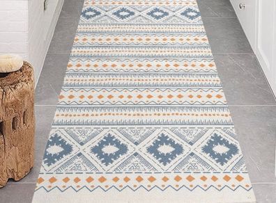 Runner Area Rug 60x130 cm Blue Cotton Area Rug Washable Woven Area Rugs with Tassels, Printed Indoor Area Rug Runners for Hallways, Kitchen, Modern Rugs for Living room, Bedroom, Laundry (FREE POSTAGE)