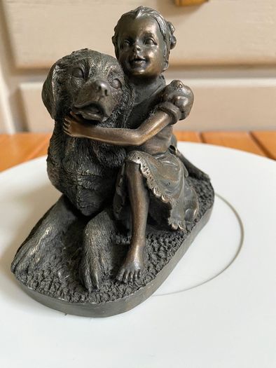 Vintage Adonis Bronze Girl with a Labrador Dog