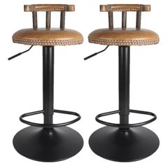 Set of 2 Retro Adjustable Round Leather Seat Bar Stool High Leg Elegant Swivel Backed Barstool Hydraulic Chair