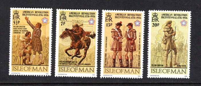 1976 Isle of Man Bicentenary of American Revolution and Colonel William Christian Commemoration Commemorative Stamps Mint Never Hinged (MNH)