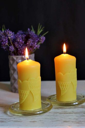 Pure beeswax candle with hearts. Valentines day gift.