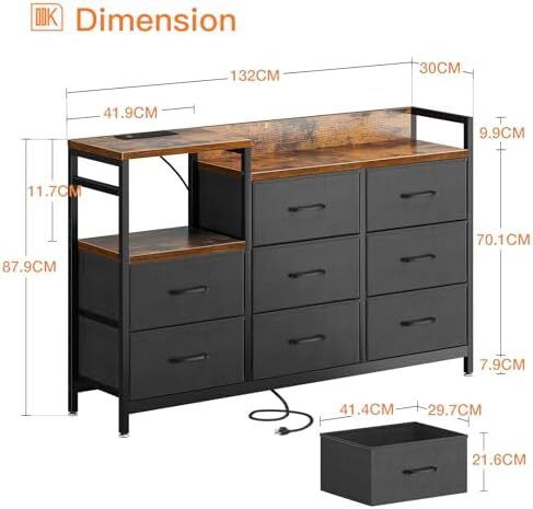 Chest of Drawers Bedroom, Contains 2 USB & 2 AC Ports Sockets, Storage Dresser with 8 Fabric Drawers Suitable for Bedrooms, Living Rooms, Retro Color