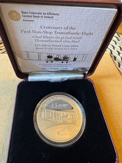 2019 Ireland 15 Euro Silver Coin - 100 Years of the First Non-Stop Transatlantic Flight. Proof