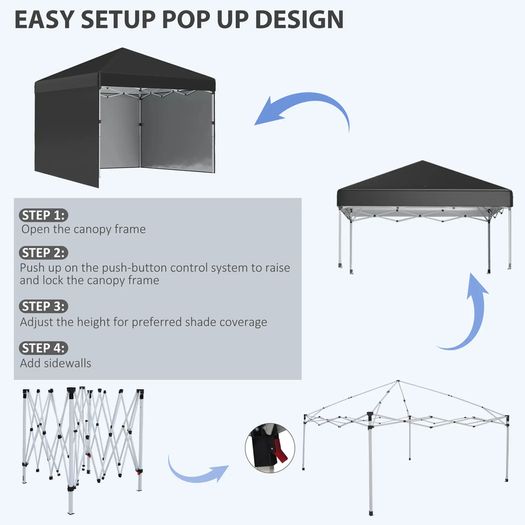 3 x 3 (M) Pop Up Gazebo Event Shelter, Height Adjustable Party Tent with 3 Sidewalls, Weight Bags and Wheeled Bag