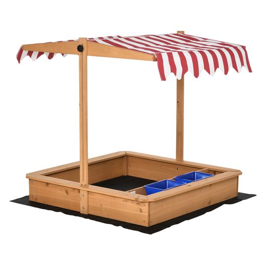 Sand Pit Kids Wooden Sandbox with Cover Children Sandpit Play Station Height Adjustable with Canopy, Bottom Liner, Plastic Basins for Outdoor Aged 3-7 Years