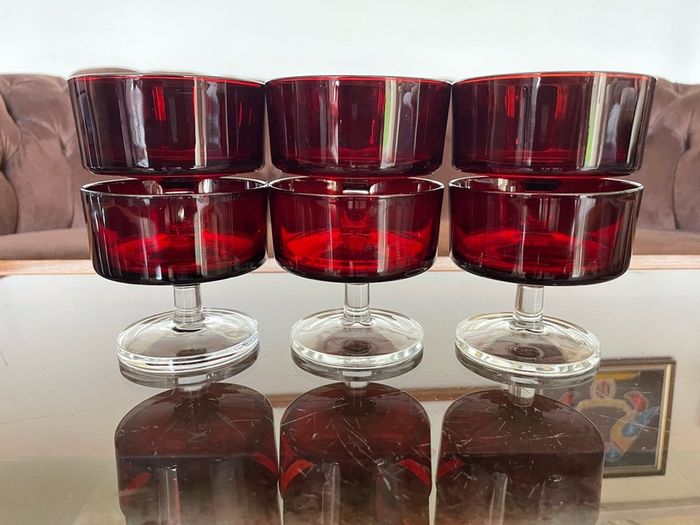 6 Vintage MCM Luminarc Cavalier Ruby Red with Smoked Glass Bowl Dessert Glasses Sherbet Cups French 1960 70s