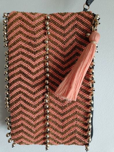 Beaded Coral & Gold Clutch / Wristlet Bag with Tassel