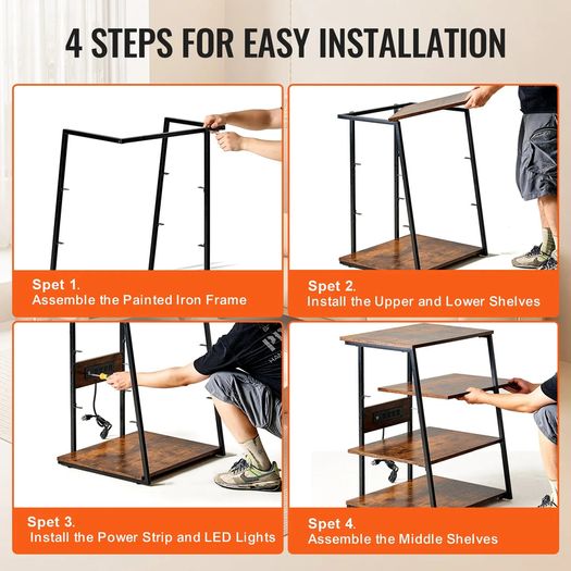 4-Tier AV Media Stand with Power Strips, Corner TV Stand with LED Lights, Height Adjustable