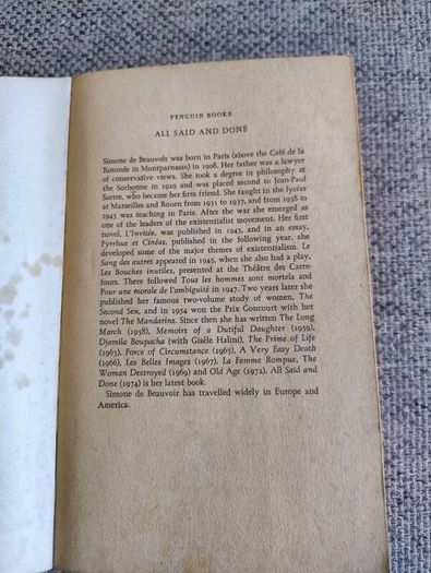 Simone de Beauvoir All Said and Done 1979 in good used condition with some signs of wear on the cover see photos FREE STANDARD POSTAGE INCLUDED