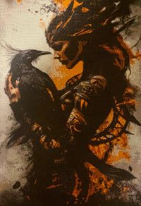 Hand crafted gem art of girl with raven