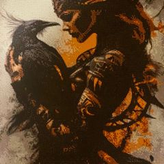 Hand crafted gem art of girl with raven