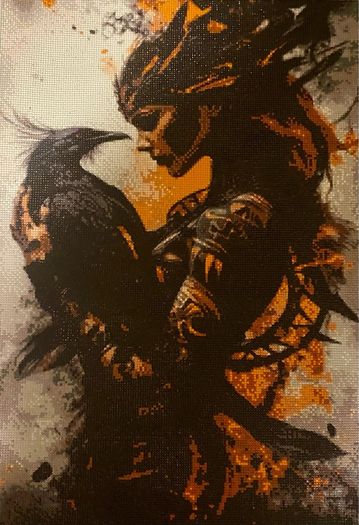 Hand crafted gem art of girl with raven