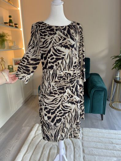 Wallis Ladies Knee-length Black and Beige Animal-print Dress with gathered side tie.