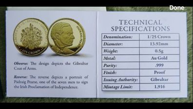 24Ct Gold Coin Padraig  Pearse commemorative gold coin issued by Gibraltar with Queen Elizabeth II obverse