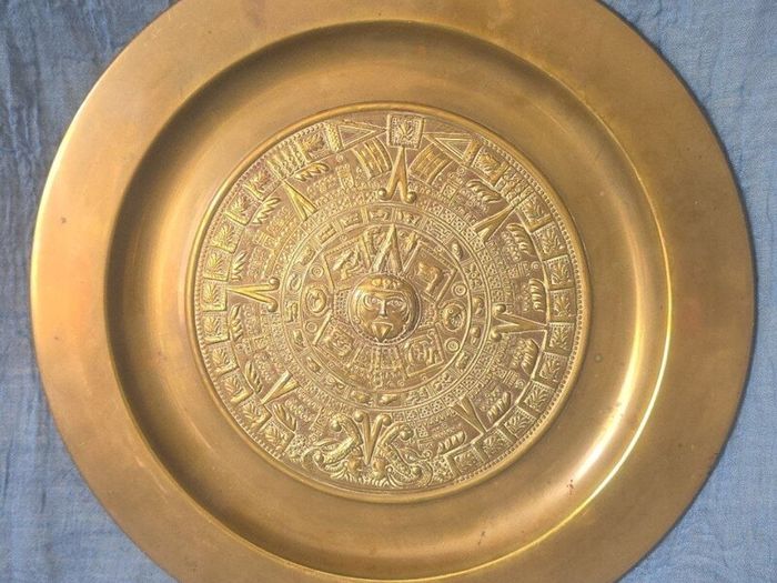 Large vintage brass Aztec calendar wall plate