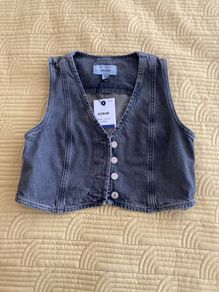 New Look Grey Crop Denim Waistcoat Size 10 UK