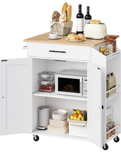 Kitchen Island with Folding Countertop, Kitchen Storage on Wheels White and Natural, Kitchen Island on Wheels, Storage Cabinet with Adjustable Shelf and Towel Rack for Kitchen and Dining Room