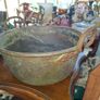 Antique Copper Cauldron, circa 19th to early 20th century. It features prominent riveted iron handles on each side and displays an authentic verdigris patina,. Postage Available Image 2