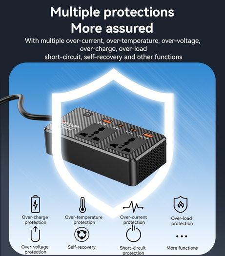 Car Plug 200V Incependent Switch Multiple Protections USB QC3.0+TC PD Fast Charging Car Inverter