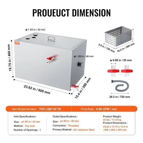 Commercial Grease Trap, 40 LBS Grease Interceptor, Top Inlet Interceptor, Under Sink Stainless Steel Grease Trap, 10 GPM Waste