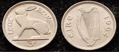 [#149] - Ireland 1964 | 3 Pence | Irish 3d | Hare | KM.12a | MS