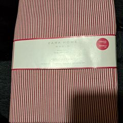 Cotton red & white stripe table cloth & napkins