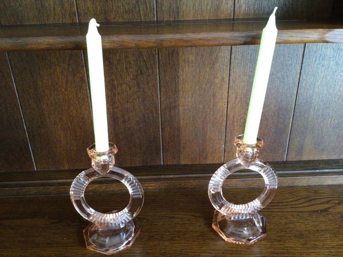 Rare Vintage Art Deco Peach Glass Circular Candle Holders