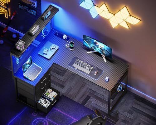 L Shaped Gaming Desk with Drawers & Shelf, 110 x 80 cm