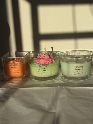 Set of 3 handmade Wellove soy candles - brand new