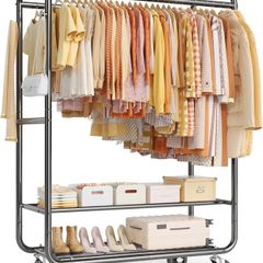 Heavy Duty Rolling Clothes Rail for Hanging Clothes, Double Hanging Rail with Lockable Castors, 326 KG Load Capacity, Metal Clothing Rail for Bedroom, Laundry, Retail, Black