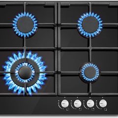 Gas Hob 4 Burners, 60cm Black Glass Gas Cooker Hob, 8060W Wok Burner, Built-in Cooktop with Flame Failure Protection, NG/LPG Convertible