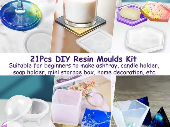 Resin Moulds Silicone, 21Pcs DIY Epoxy Resin Moulds Kit, Resin Kits for Beginners Making Jewelry/Candle/Soap, Include Coaster, Ashtray, Cube, Pyramid, Spherical, Pendant Mold (FREE POSTAGE)