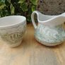 Green transferware , vintage English Ironstone Tableware ,sugar bowl and jug Image 3
