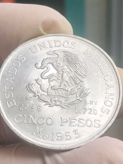 Mint State Mexico 5 Pesos 1953 Hidalgo Silver