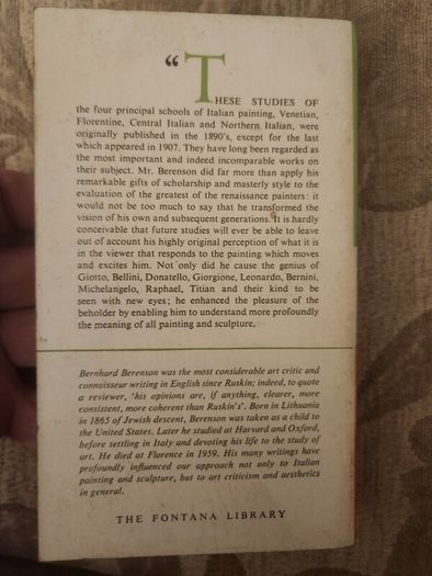 The Italian Painters Of The Renaissance.  Bernhard Berenson. The Fontana Library First Edition Paperback In Good Condition. See Photos For Same.