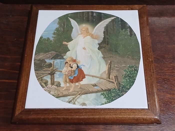 Antique Framed Gaurdian Angel Picture Tile