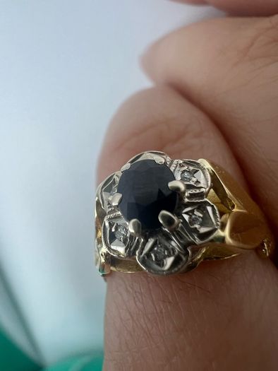 Antique 18ct Gold Diamond and Sapphire Ring Custom Crown Design - 6 Diamond cluster and Large Dark Blue Rare Sapphire - Beautiful Crown Design
