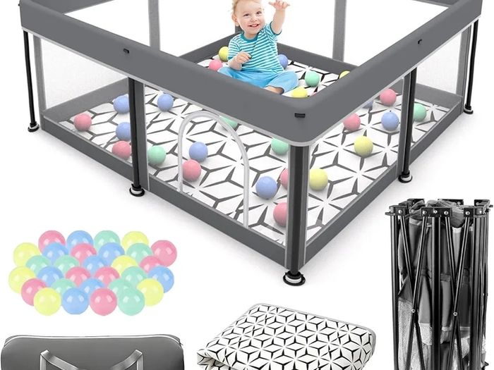 Foldable Baby Playpen with Mat - Portable, Spacious & Sturdy Play Yard for Babies and Toddlers, Quick 1-Minute Setup, Travel-Friendly, Safe & Durable for Indoor and Outdoor Use (Grey, 50x50 inches)