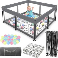 Foldable Baby Playpen with Mat - Portable, Spacious & Sturdy Play Yard for Babies and Toddlers, Quick 1-Minute Setup, Travel-Friendly, Safe & Durable for Indoor and Outdoor Use (Grey, 50x50 inches)