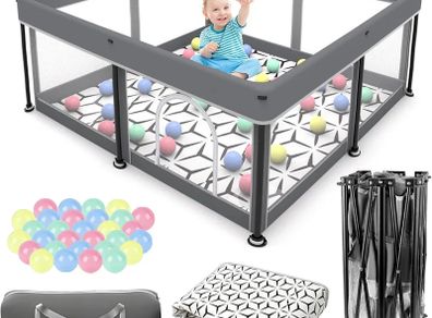 Foldable Baby Playpen with Mat - Portable, Spacious & Sturdy Play Yard for Babies and Toddlers, Quick 1-Minute Setup, Travel-Friendly, Safe & Durable for Indoor and Outdoor Use (Grey, 50x50 inches)