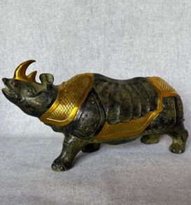 Vintage Chinese Rhinoceros (42cm/7kg) - Bronze With Gilt Accents, Stamped