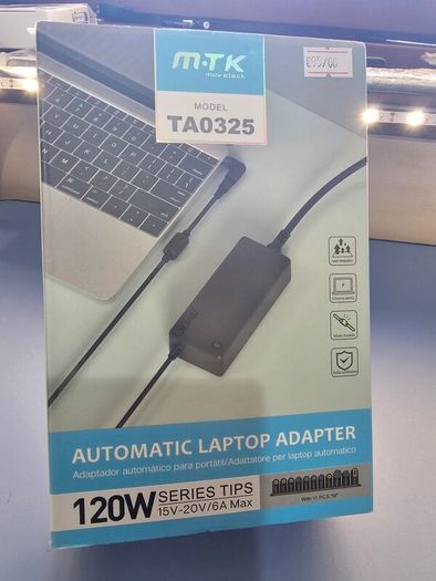 120W (MTK TA0325) Automatic Universal Laptop Charging Adapter, include 11pcs "M"series tips, Input: 110-240V 50Hz/60Hz 3A, Output: 15V-20V/6A 120W