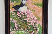 Puffin in the Sea Pinks | oil painting | framed