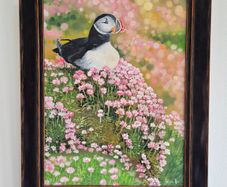 Puffin in the Sea Pinks | oil painting | framed