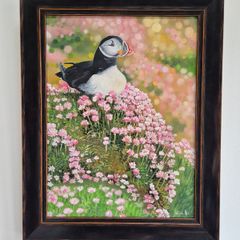 Puffin in the Sea Pinks | oil painting | framed