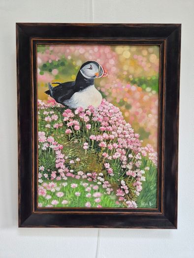 Puffin in the Sea Pinks | oil painting | framed
