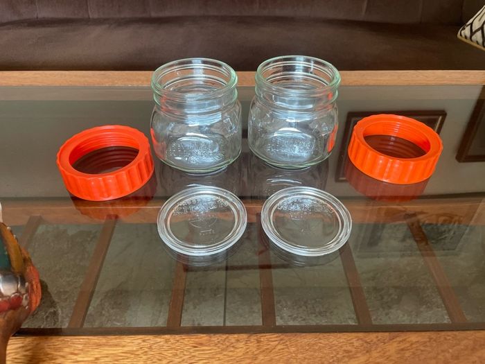 Pair Vintage 500ml 1970s Ravenhead Glass Kilner Jars With Orange Screw Lids
