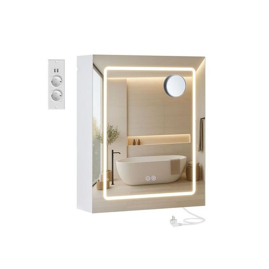 LED Bathroom Mirror Cabinet with Storage White, 50x60 cm, Defogging, Magnifying Mirror, USB & Power Outlets