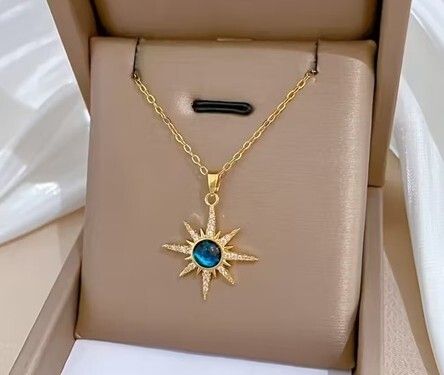 Star Starburst Blue Stone Crystal Gold Necklace